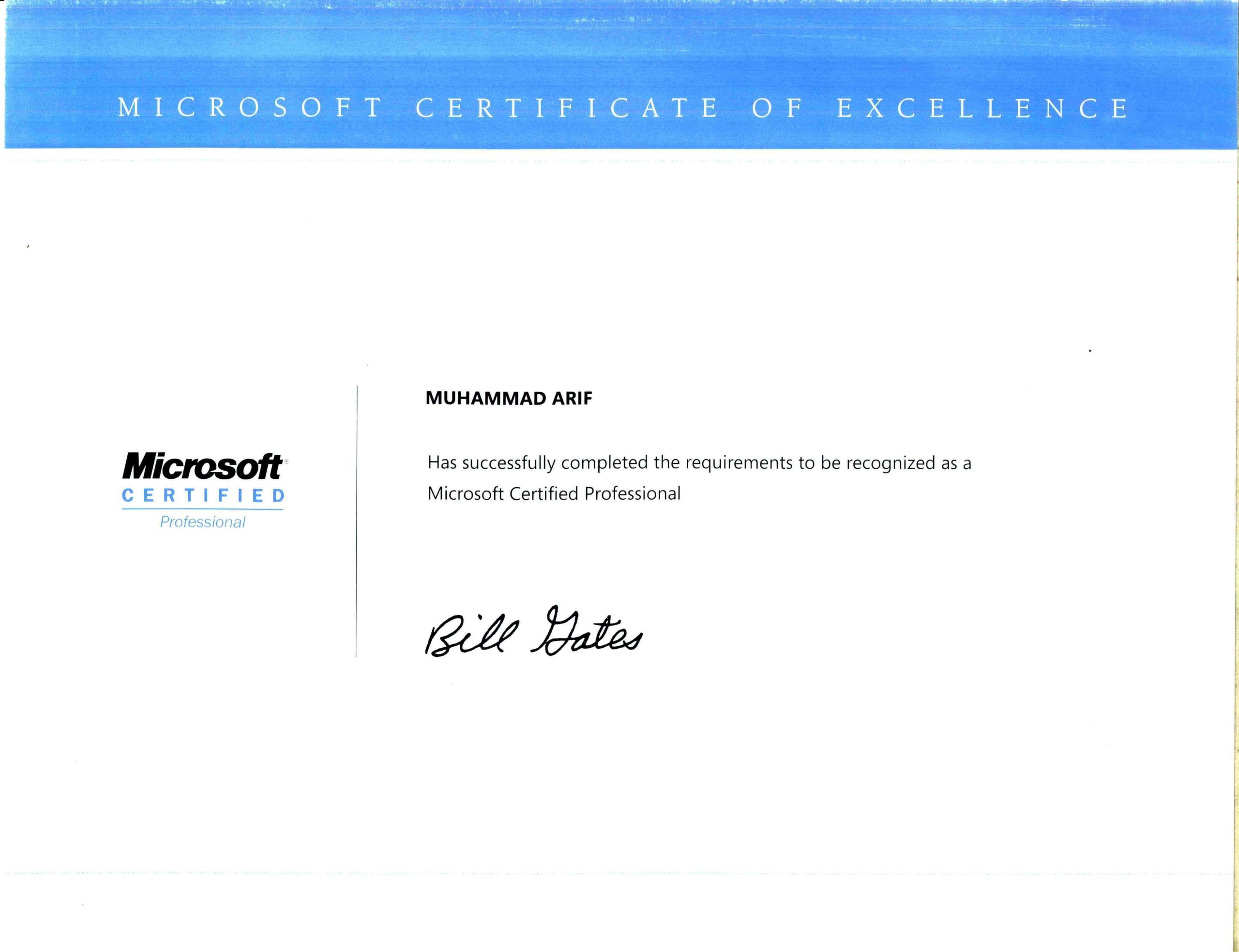Microsoft Certified Professional (MCP) - Certificate of Excellence