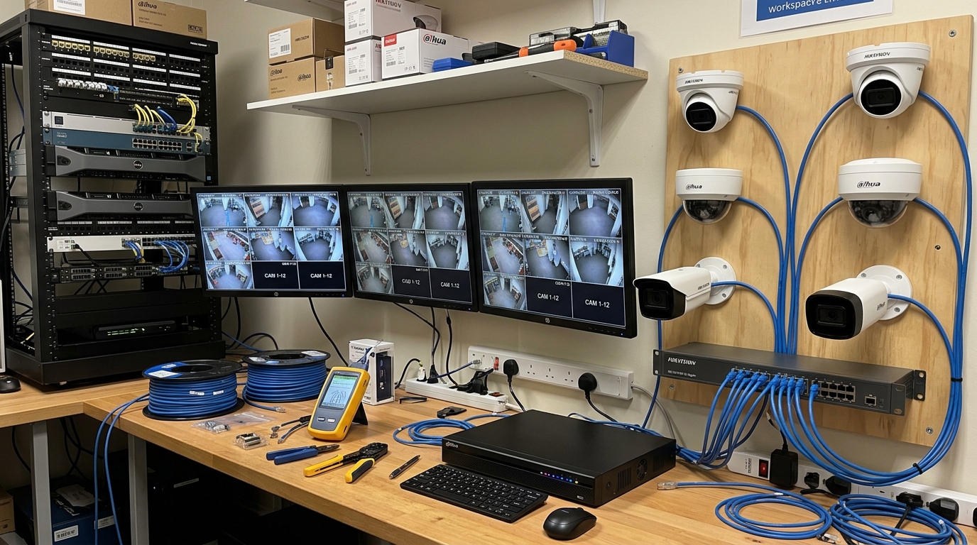 Professional CCTV surveillance testing board with Hikvision Dahua NVR, IP cameras and multi-screen monitoring at Nemcon Systems Lahore