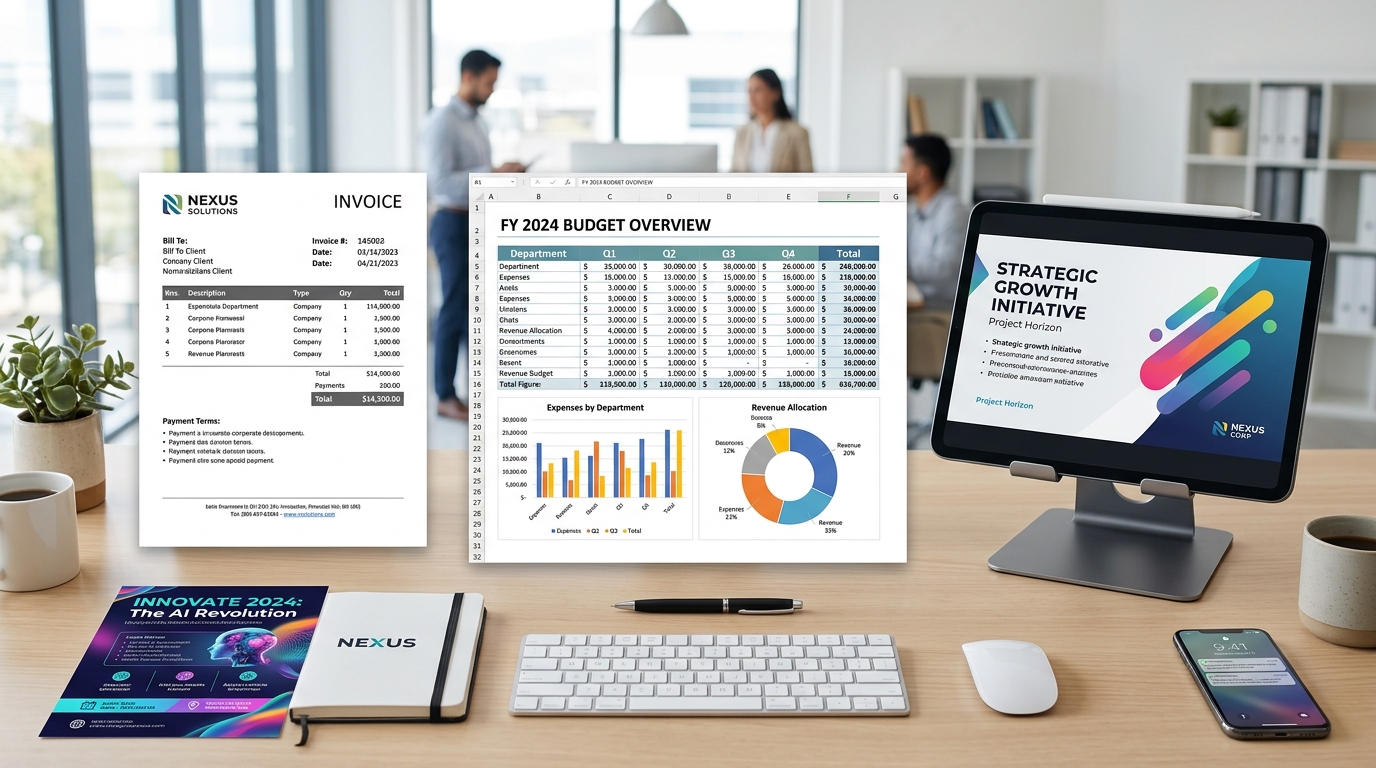 Practical office assignments including Excel budgets, PowerPoint pitch decks, Word corporate invoices, and AI banners created at Nemcon Systems