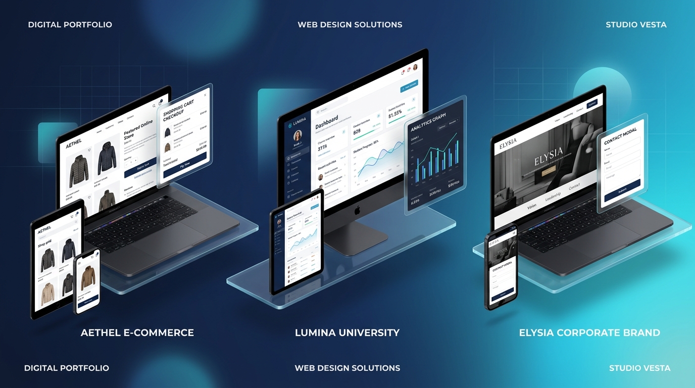 Multi-device e-commerce, university portal, and corporate website design portfolio showcase by Nemcon Systems